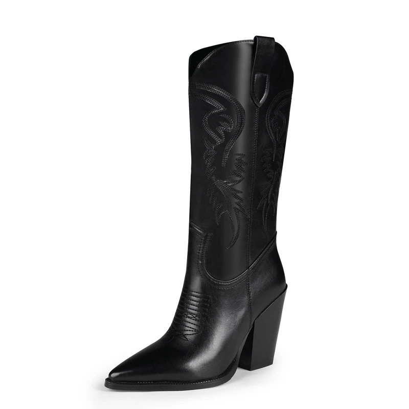 ISNOM Cowgirl Boots for Women, Embroidered Pointed Toe Chunky Heel Western Mid Calf Boots, Black, 4 UK
