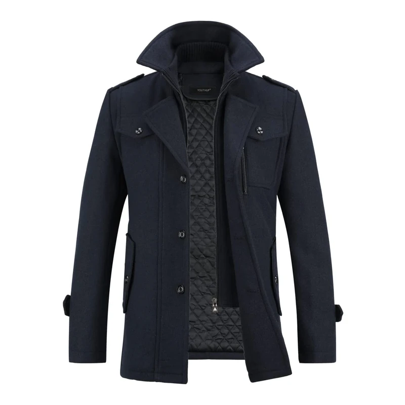 YOUTHUP Mens Wool Coats Casual Thick Short Winter Trench Coat Regular Fit Peacoat with Detachable Inner Collar, Navy-thick, L