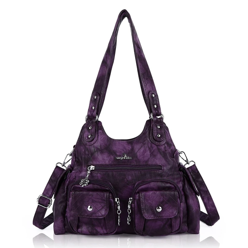 Angel Kiss Handbags for Women Hobo Bags for Large Tote Bag Soft PU Leather Multi-Pocket Shoulder Bag Top Handle Handbag, Purple