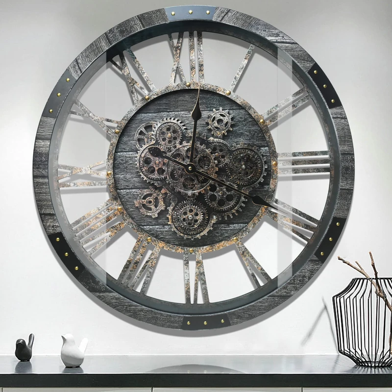 Real Moving Gears Wall Clock, Large Wall Clock Oversized Silent Vintage Steampunk Industrial Rustic Farmhouse Wooden Clocks for Living Room Kitchen Studio Cafe Wall Decor(68cm/27inch,Carbon Grey) - Image 1