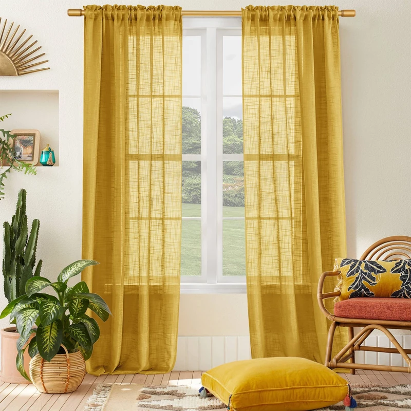 SHINELAND Mustard Yellow Window Curtain Panels for Living Room 84 Inch Length Set of 2 Long Semi Sheer Drapes,Light Filtering Reducing Rod Pocket Linen Textured Boho Curtains for Bedroom,Dark Gold