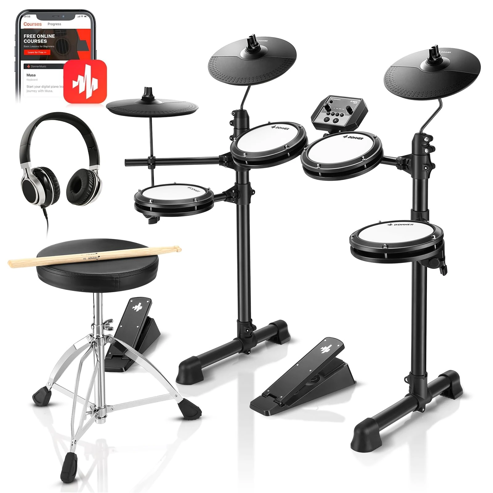 Donner DED-80 Electric Drum Kit, Electronic Drum Sets for Beginner with 4 Quiet Mesh Drum Pads, 2 Switch Pedal, 180+ Sounds, Throne, On-Ear Headphones, Sticks, and Melodics Lessons Included Black