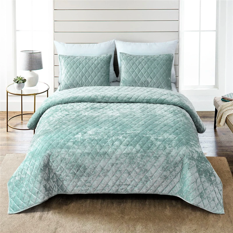 Fredsure Distressed Velvet Quilt Set, 3 Pieces Sage Green King, Distressed Velvet Face and Brushed Microfiber Reverse with Diamond Quilting