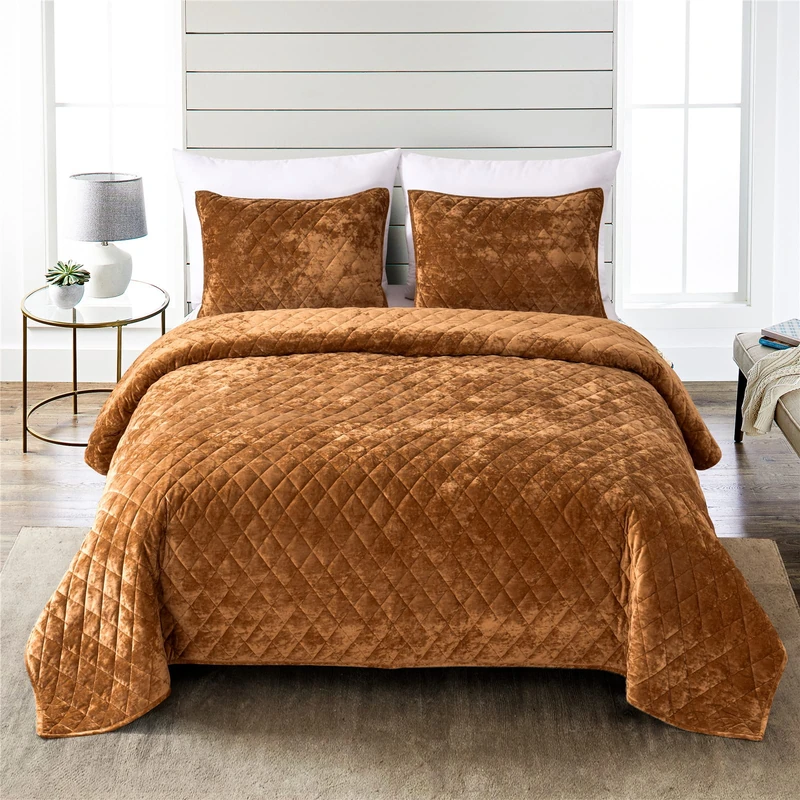 Fredsure Distressed Velvet Quilt Set, 3 Pieces Caramel Gold King, Distressed Velvet Face and Brushed Microfiber Reverse with Diamond Quilting