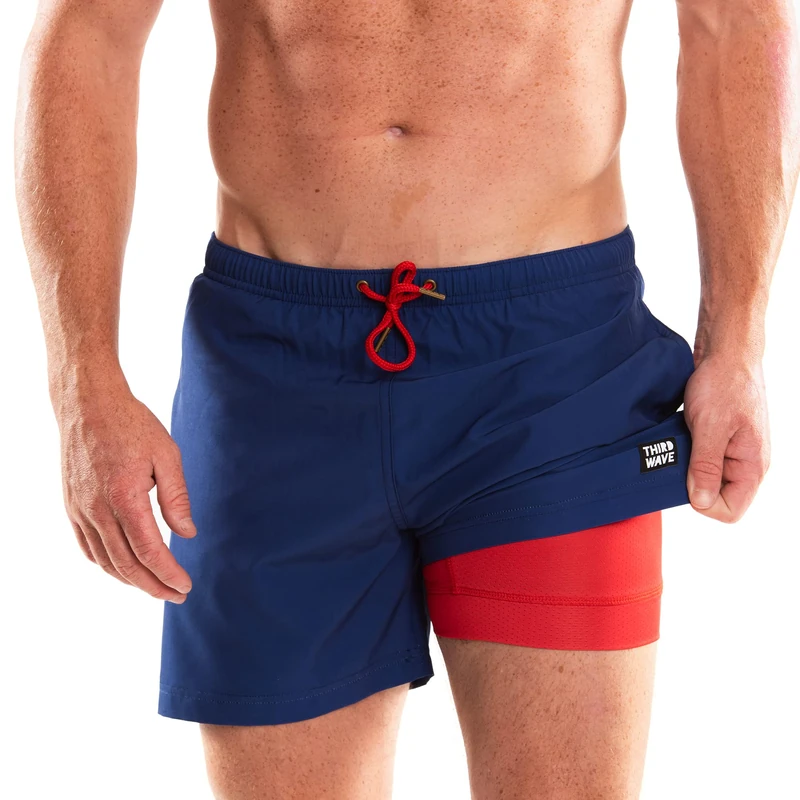 Third Wave Swim Trunks with Compression Liner - Men's Premium 5 Inch Inseam Quick Dry Swim Shorts for Beach and Swimming, Navy, M