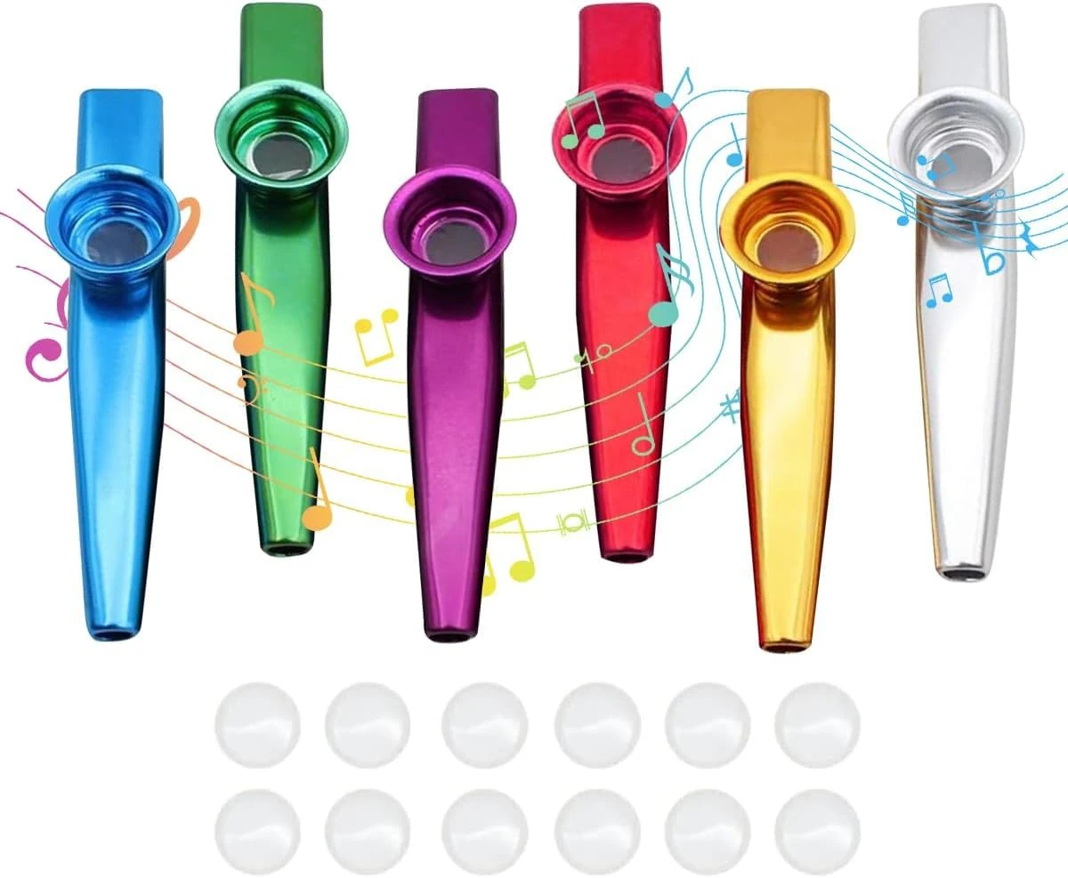 Kazoos Multipack 6 Metal Kazoo with 10 Flute Membrane Gazoo Musical Instruments for Kids Kazoo Toy for Children, Ukulele, Instruments, Guitar, Violin, Piano, Keyboard Drum Kit
