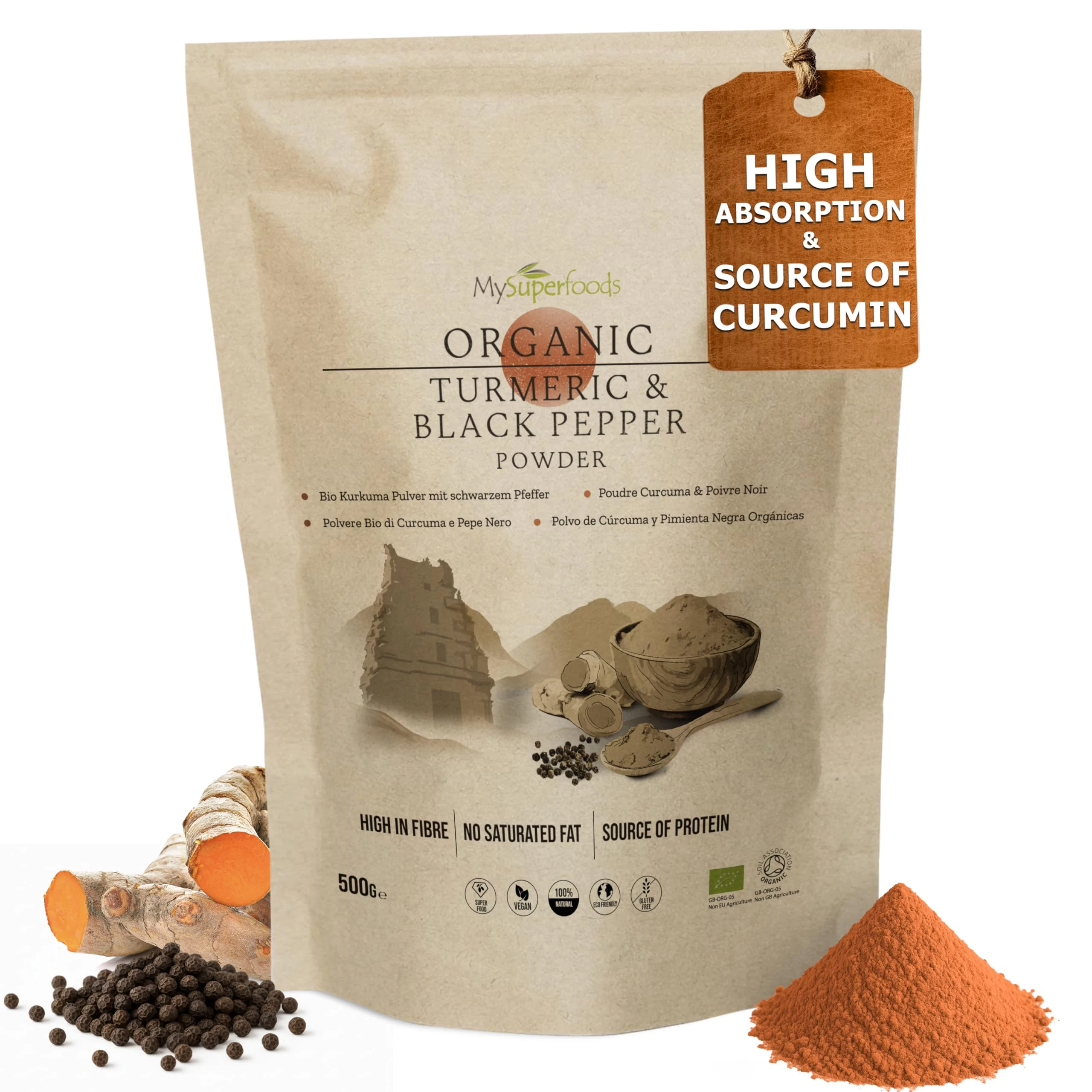 MySuperfoods Organic Turmeric Powder with Black Pepper (500g) - High Absorption, Natural Source of Curcumin