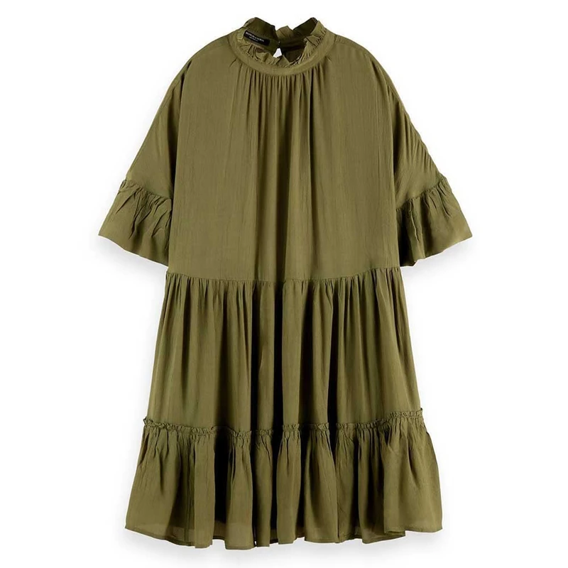 Scotch & Soda Maison Women's Short with Ruffle Sleeve Detail Casual Dress, Army Green 0410, 36, Army Green 0410, 10