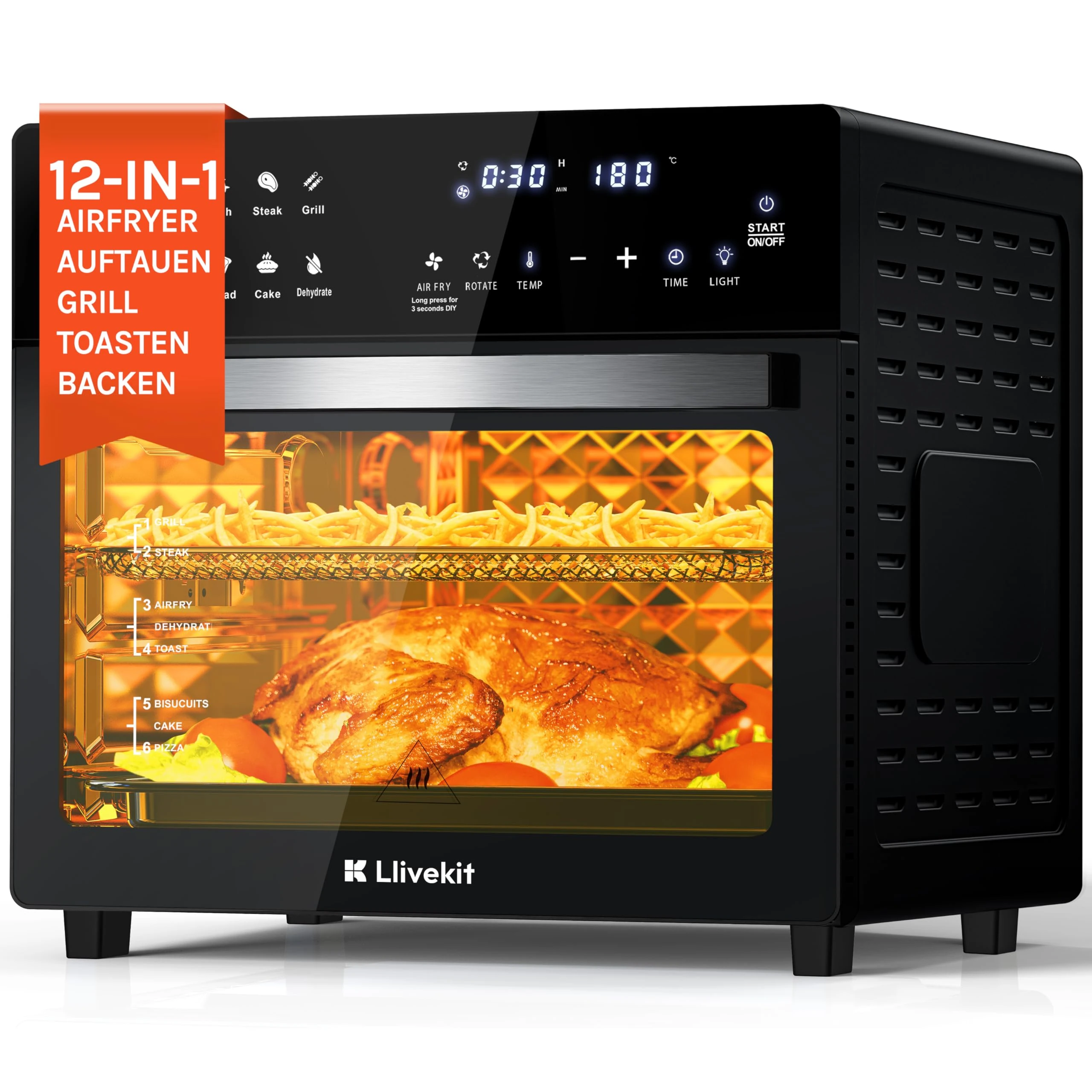 LLIVEKIT Air Fryer Mini Oven with Rotisserie 26L Large Family Size Countertop Convection Oven Low Fat Oil-Less Cooking, Timer & Temperature Control, 12 Preset Programs, 1700 Watts