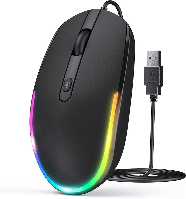 Seenda Wired Mouse, LED RGB Backlit Mouse with 1.5m USB Cable, 1600 DPI Silent Ergonomic Portable Computer Laptop Corded Mice for All USB Enabled Devices - Black
