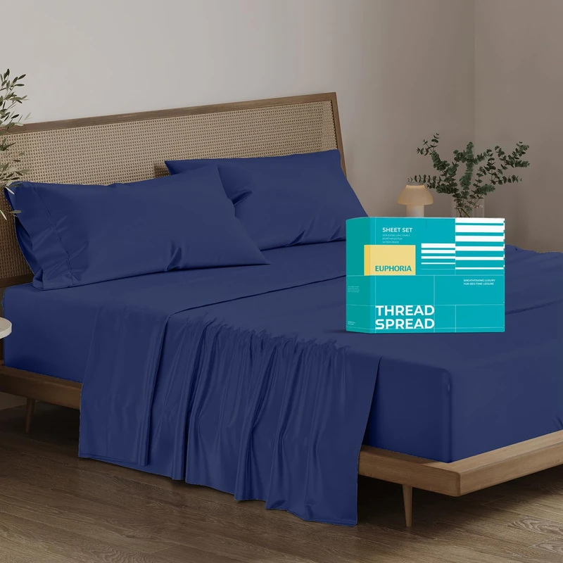 THREAD SPREAD 100% Egyptian Cotton Sheets California King Size - 800 Thread Count 4 PC Luxury Cal King Sheets, 16" Deep Pocket Hotel Sheets, Sateen Weave, Extra Soft Cooling Bed Sheet Set - Navy Blue