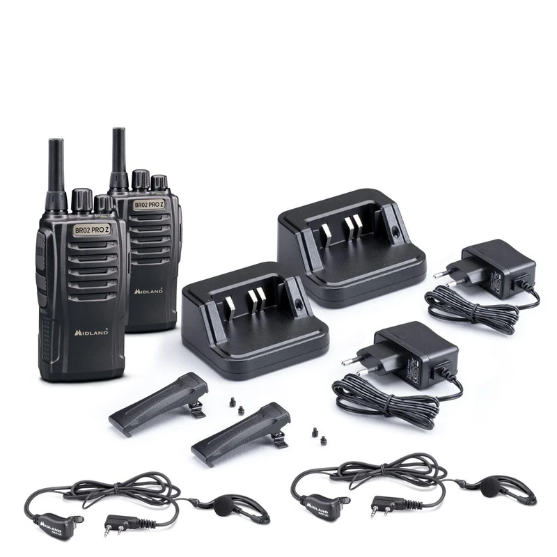 Midland BR02 Pro Z C1524, 2 Radio Transceiver, Professional Walkie Talkie with 32 Channels PMR446, 2 MA-21LKI Headphones, 2 Belt Clips, Rechargeable Batteries 2000 mAh up to 24 Hours, Black - Image 1