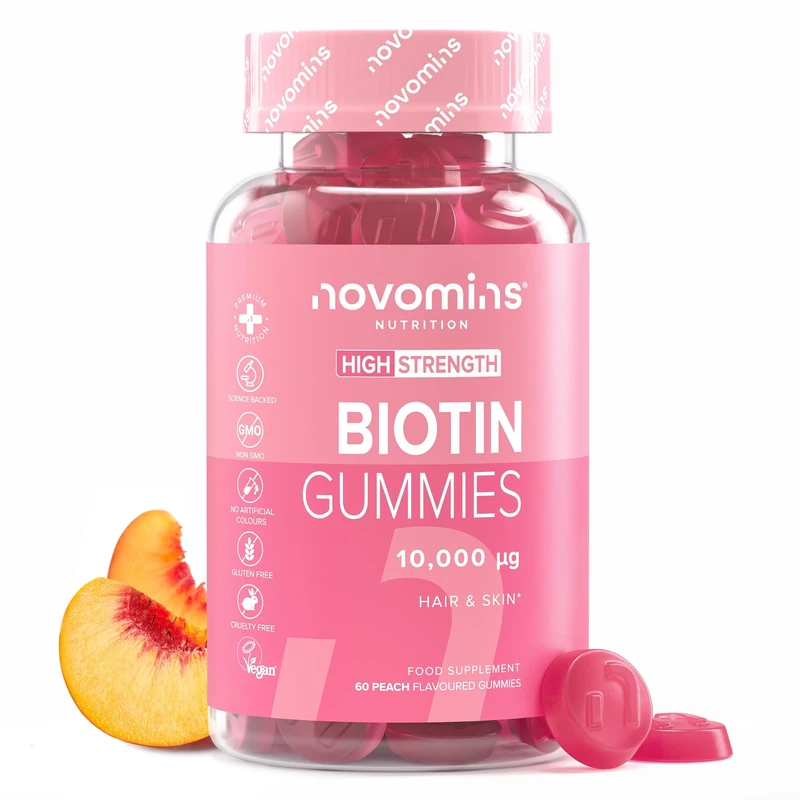 Biotin Gummies - 10,000 mcg Biotin Hair Growth - 60-Day Supply - Hair Growth Vitamins - Vegan & Gluten-Free Alternative to Tablets - Anti Hair Loss Gummies - 60 Gummies - Novomins