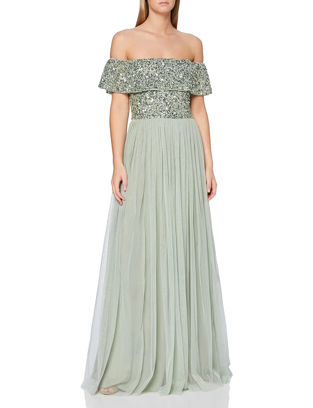Maya Deluxe Women's Maxi A-line Dress, Green Lily, Size 18, Sequin Embellished Bardot Neck Bridesmaid - Image 1