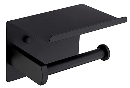 HomeHeng Toilet Roll Holder with Shelf,SUS304 Stainless Steel Modern Roll Tissue Holder Wall Mounted,Self Adhesive Toilet Paper Holder Matt Black, F92803MB