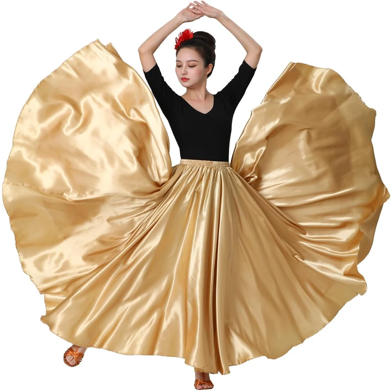 SANCAN Womens Full Ankle Length Retro Long Maxi Skirt for Dance Gypsy Costume Party Cosplay Renaissance Festival Faire, Gold, One Size - Image 1