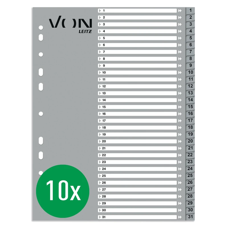 VON Leitz Pack of 10 Number Indexes A4, 1-31 Numbered Dividers for Folders, PP, 11-Hole Universal Index for Loose Leaf Folders & Ring Binders, Grey, 12870085