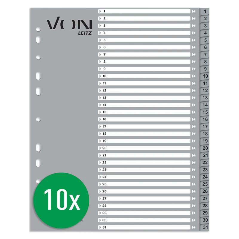 VON Leitz 12770085 A4 Numbered Dividers for Folders, Polypropylene, Extra Wide, 11-Hole Universal Index for File Folders and Ring Binders, Grey