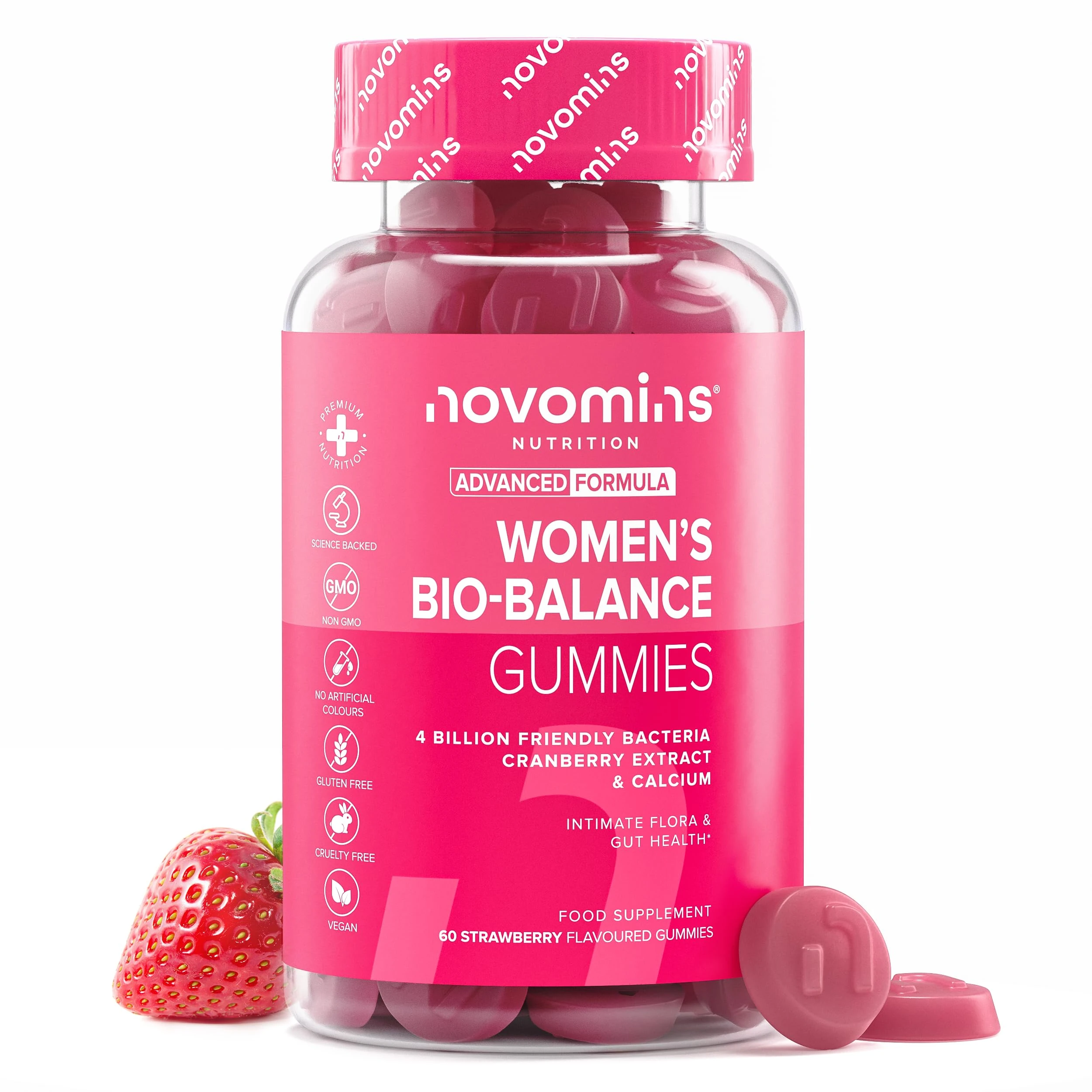 Probiotic Gummies – Women’s Bio-Balance Gummies for Intimate Flora and Gut Health – Advanced Multi-Strain Formulation – Vegan Supplement with Calcium & Cranberry Extract - Made by Novomins