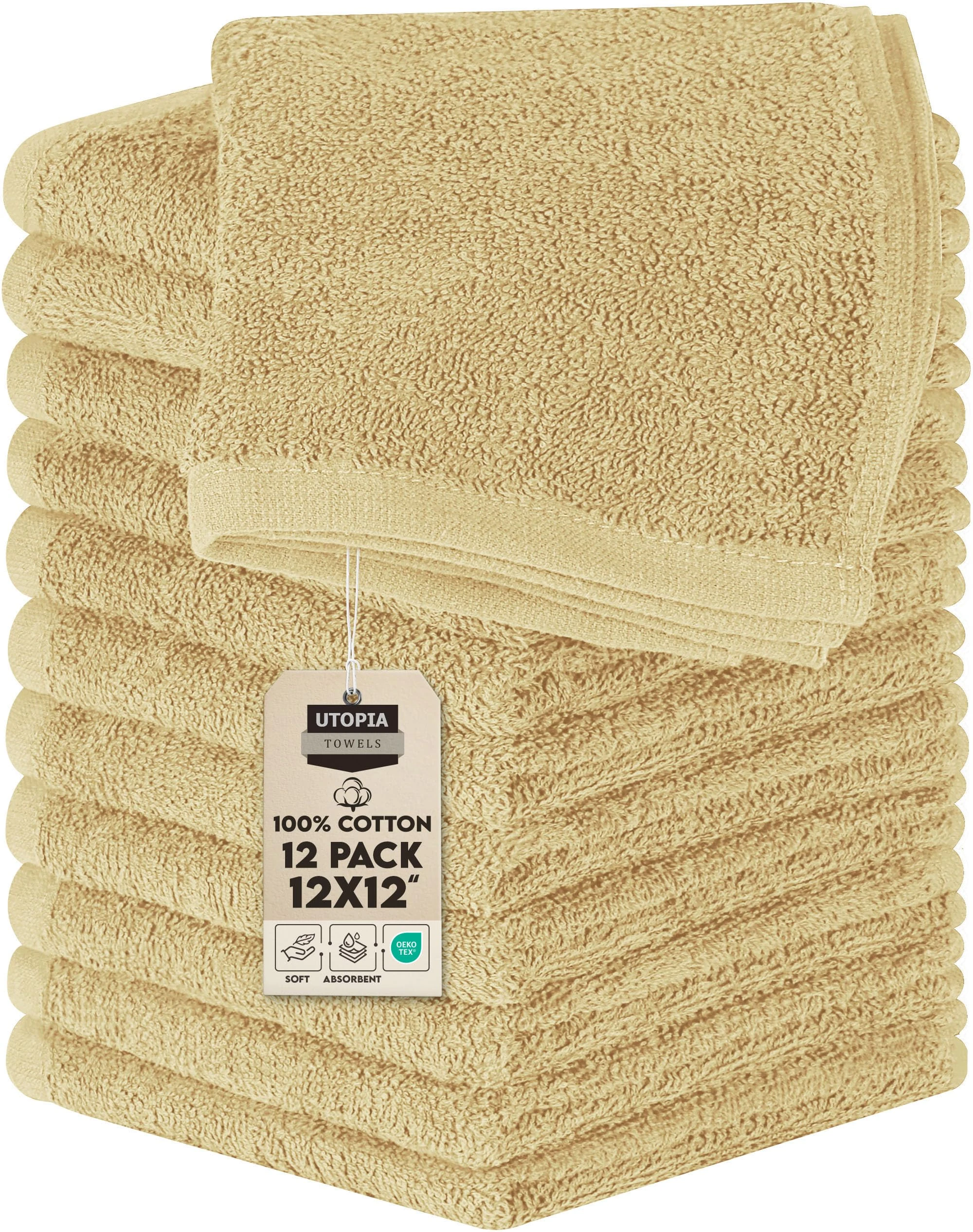 Utopia Towels Cotton Washcloths Set - 100% Ring Spun Cotton, Premium Quality Flannel Face Cloths, Highly Absorbent and Soft Feel Fingertip Towels (12 Pack, Beige)