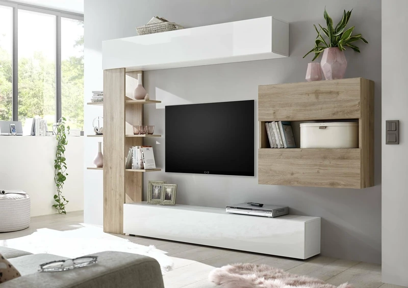 Dmora - Reversible living room wall system, Made in Italy, TV cabinet, Modern living room set, 295x30h197 cm, Glossy white and Oak color