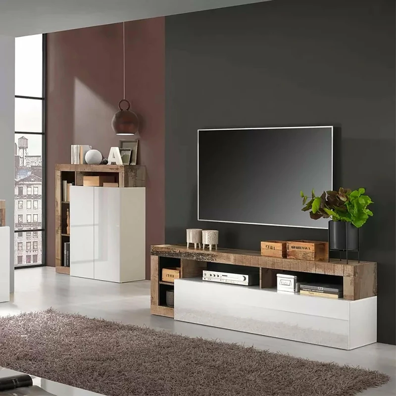 Dmora - Living room TV stand, Made in Italy, Sideboard for living room TV with 1 door and open compartments, cm 184x42h58, glossy white and pear color