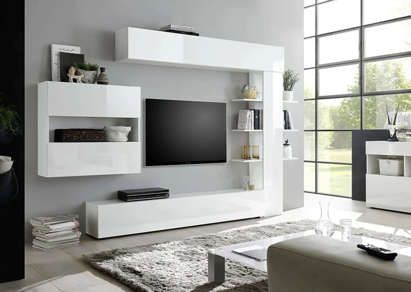 Dmora - Reversible living room wall unit, Made in Italy, TV cabinet, Modern living room set, 295x30h197 cm, Glossy and Matt White color