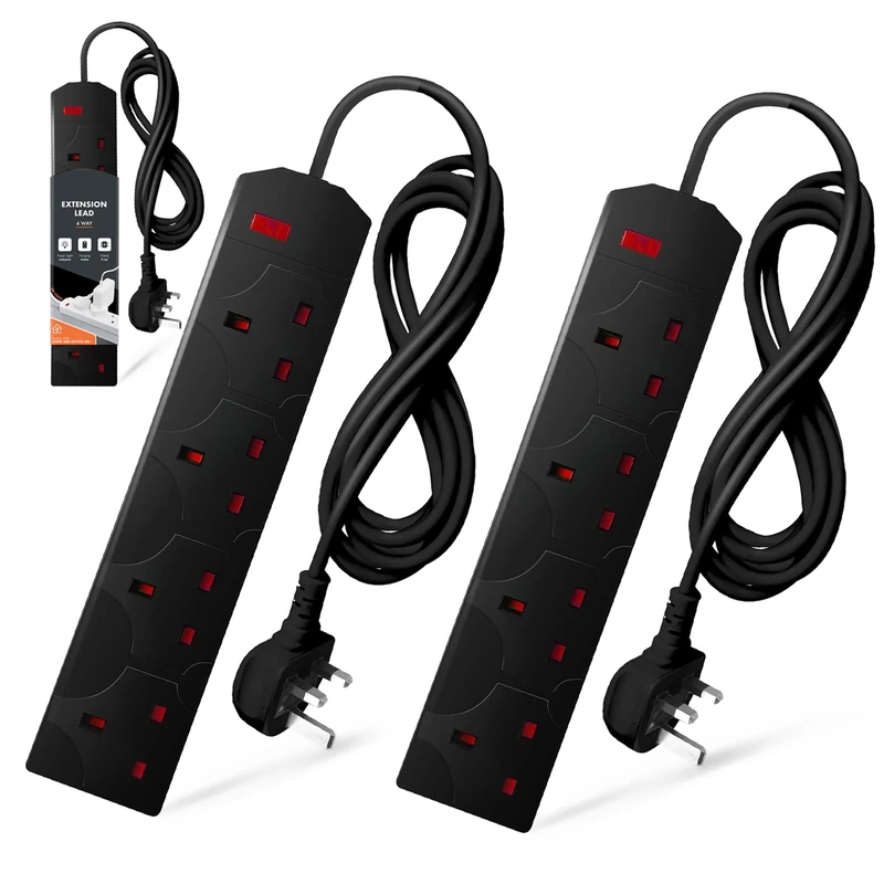 Wolf Power Extension Lead, 4 Gang, 2 Metre Extension Cable with UK 3 Pin Plug & Socket, Wall Mountable Power Strip for Home, Office & Appliances (Black, 2 Pack)