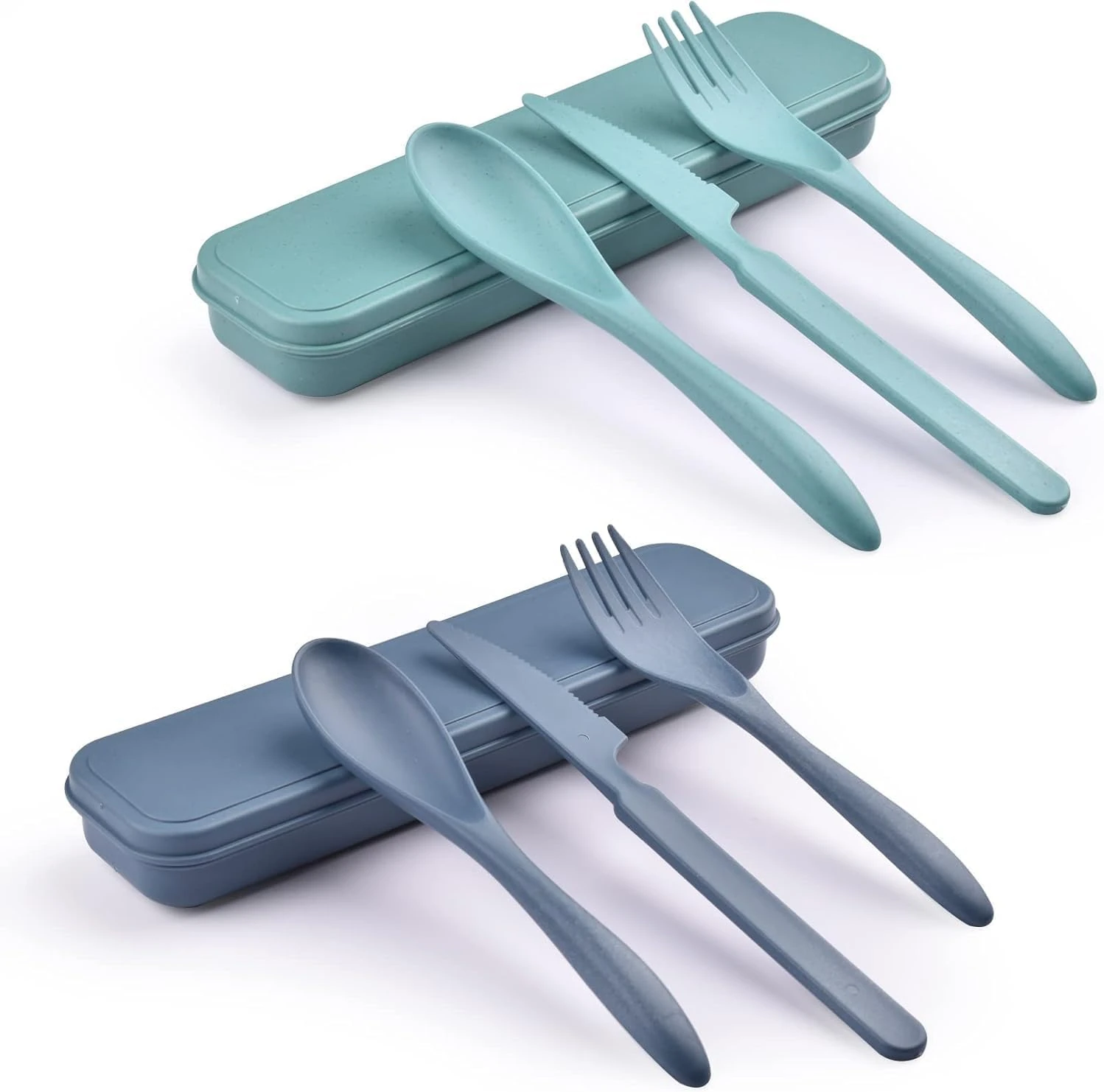 2 Sets Reusable Cutlery Set with Case, Travel Fork Knife Spoon Set, Portable Plastic Cutlery Set for Picnic School Office Lunch (Blue, Green)