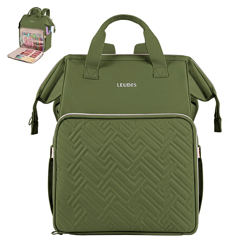Leudes Knitting Bag Backpack, Yarn Storage Organizer Large Crochet Bag Tote Water Resistant Yarn Holder Case for Carrying Projects, Knitting Needles, Crochet Hooks and Other Accessories (Army Green) - Image 1