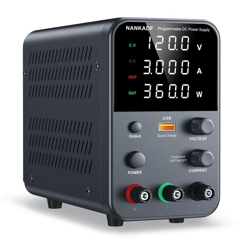 DC power supply (0-120V,0-3A) adjustable, switching power supply, mini high precision 4-digit display with USB fast charging interface, variable lab bench power supplies, output on/off/encoder knob