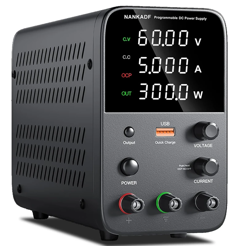 DC power supply (0-60V,0-5A) adjustable, switching power supply, mini high precision 4-digit display with USB fast charging interface, variable lab bench power supplies, output on/off/encoder knob