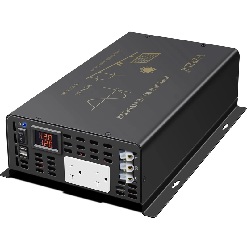 3000Watt Pure Sine Wave Power Inverter 12VDC to 120VAC 6000W Peak Built-in Soft Starter Dual AC Outlets 2× 2.4A USB Port &Hardwire Terminal Off-Grid Solar Converter RV Trucks (U5-300012)