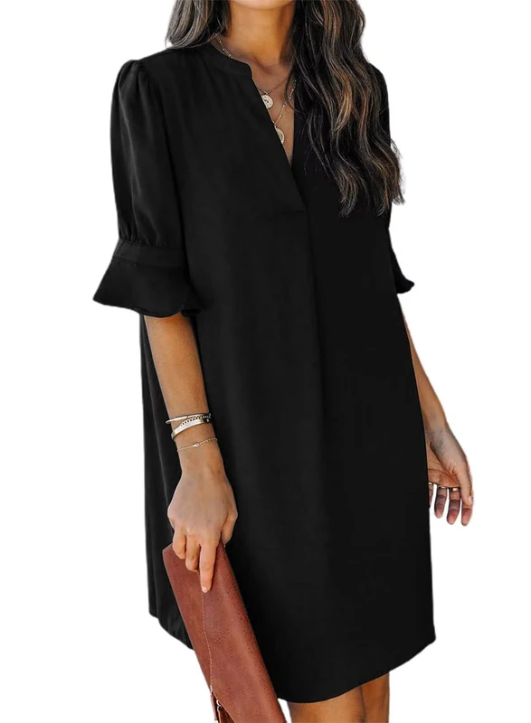 QACOHU Summer Dresses for Women V Neck Ruffle Short Sleeve Casual Shift Dress, Black, XL