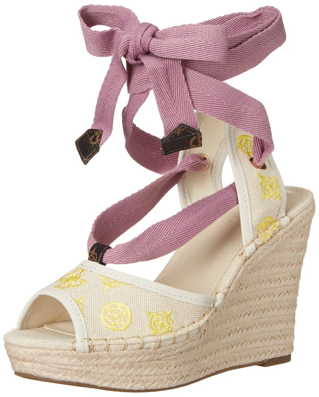 GUESS Women's Halona Wedge Sandal, Beige/Lilac, 4.5 UK