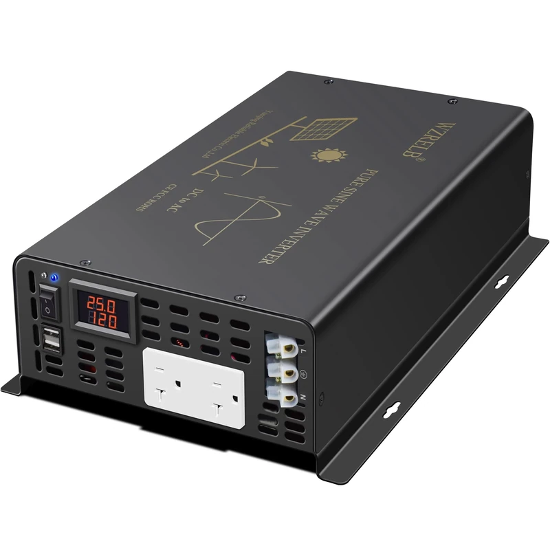 3000Watt Pure Sine Wave Power Inverter 24VDC to 120VAC 6000W Peak Built-in Soft Starter Dual AC Outlets 2× 2.4A USB Port &Hardwire Terminal Off-Grid Solar Converter RV Trucks (U5-300024)