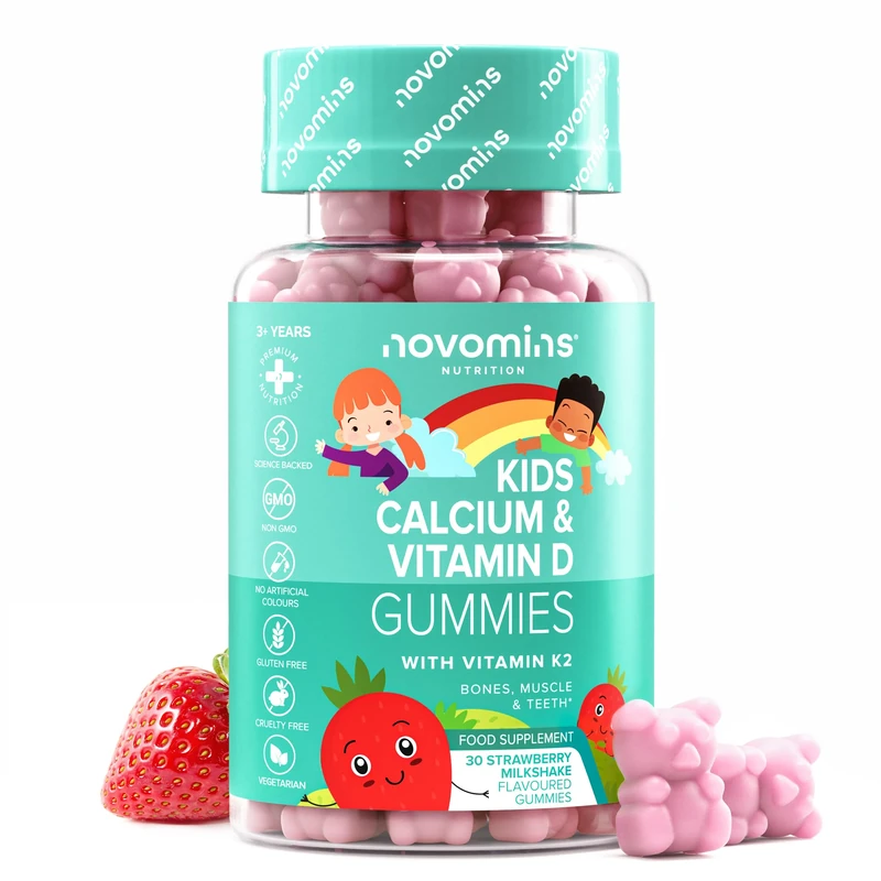 Kids Calcium Gummies - 160mg of Calcium Supplement - with Vitamin D3 K2 - Healthy Bones & Teeth - Alternative to Calcium Tablets - Vegetarian & Gluten-Free - 30 Calcium Gummies for Kids - Novomins