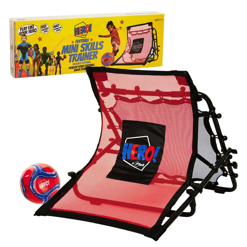 Football Flick HERO Mini Skills Trainer - Includes 3 in 1 Front Curved Ramp - Rear Rebounder Goal Net & Size 3 Ball