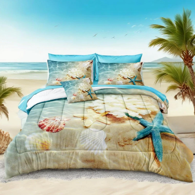 Bedbay Coastal Bedding Queen Comforter Set 7-Piece Bed in a Bag Turquoise Ocean Beach Comforter Sets Queen Bed Set Beach Themed Queen Size Bedding Set(Ocean,Queen)