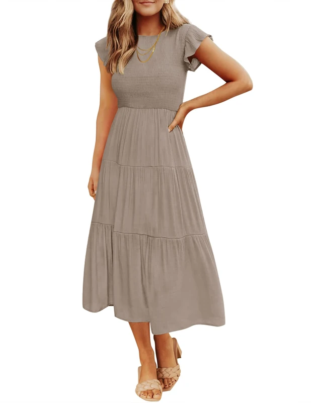 ZESICA Women's 2024 Summer Casual Flutter Short Sleeve Crew Neck Smocked Elastic Waist Tiered Midi Dress, Light Khaki, M