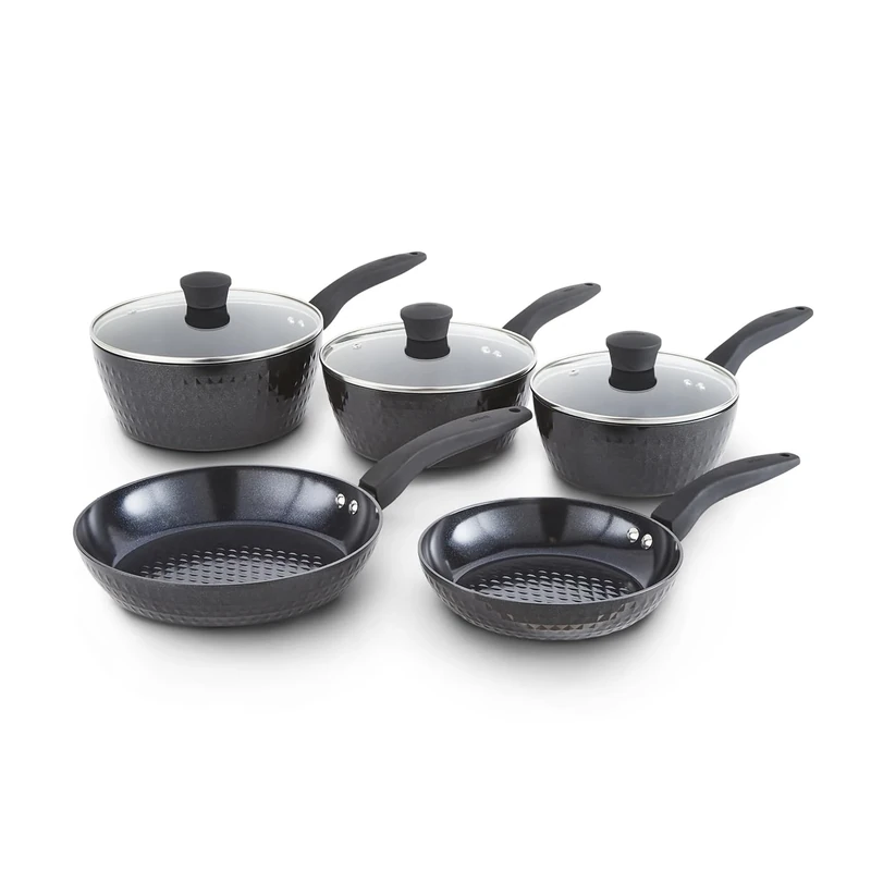 Tower Diamo 5pc Cookware Set, 18cm/20cm/22cm Saucepans with Tempered Glass Lids, 20cm/24cm Frying Pans, Aluminium with Ceramic Black Diamond Non-Stick Ceramic Coating, 7X Stronger, Black, T900130