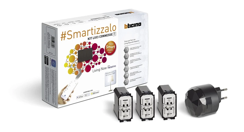 Bticino, Living Now Smart SKG3601KIT Lighting Kit to Turn Lights On/Off via App or with Alexa, Google and Siri, with 1 Gateway Plug-in Black S36GWGC and 3 Connected