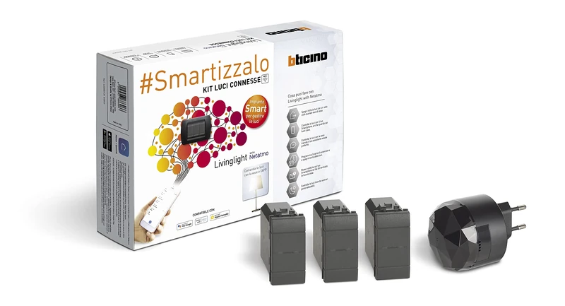 Bticino Livinglight Smart SL3601KIT Connected Light Kit for Turning Lights on/Off via App or with Alexa, Google and Siri with 1 Black S36GWGC Plug-in Gateway and 3 Anthracite Connected Diverters