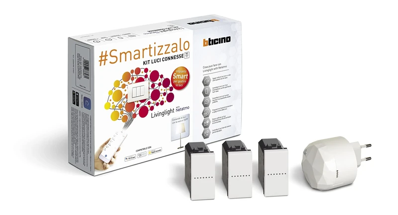 Bticino Livinglight Smart SN3601KIT Connected Light Kit - Switch Lights On/Off via App or with Alexa, Google and Siri with 1 White S36GWDC Plug-in Gateway and 3 Connected White Switches N4003C