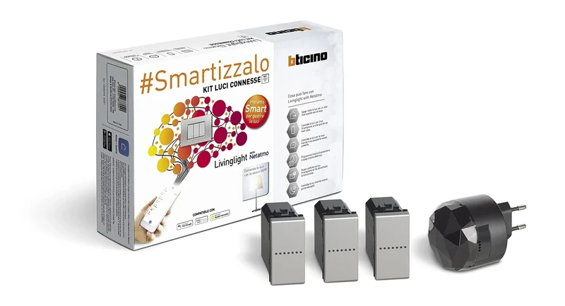 Bticino Livinglight Smart SNT3601KIT Connected Light Kit - Switch Lights On/Off via App or with Alexa, Google and Siri with 1 Black S36GWGC Plug-in Gateway and 3 Connected Tech Switches NT4003C