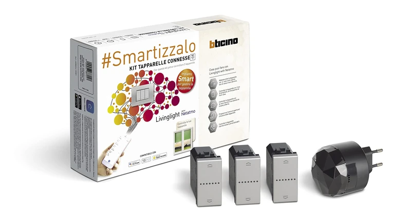 BTicino SNT3602KIT Livinglight Smart Connected Shutters Kit, to Raise/Lower Shutters with App or Voice Assistants, 1 Black Plug-in Gateway S36GWGC and 3 Connected Shutters NT4027C