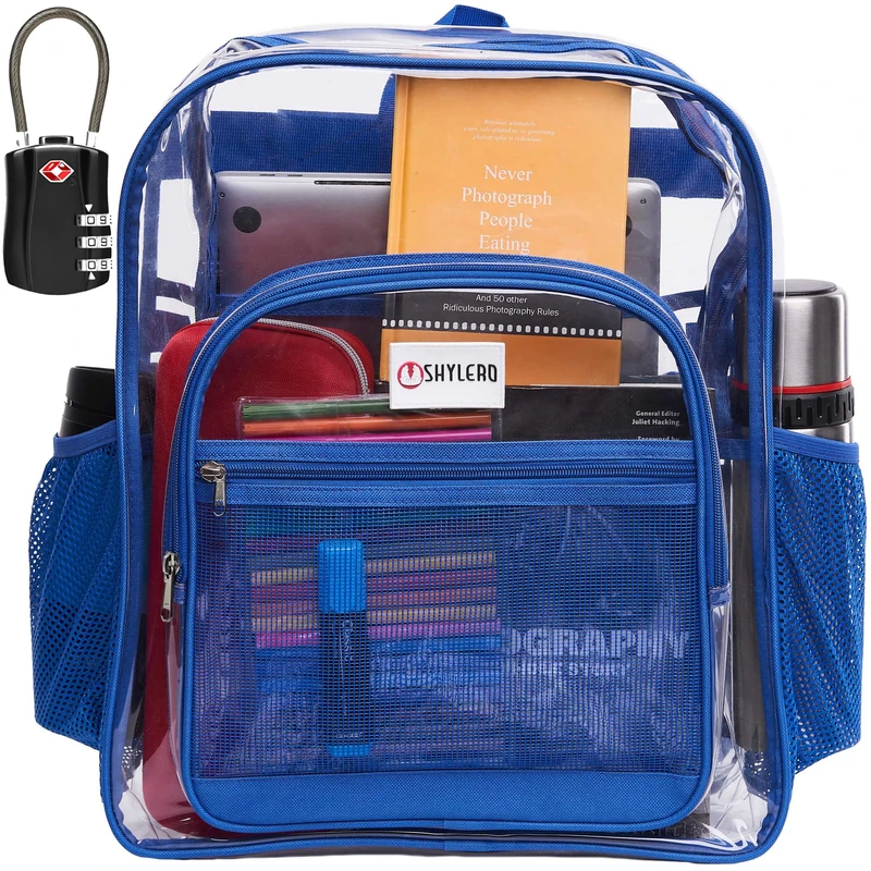 SHYLERO Clear Backpack Heavy Duty has TSA Lock, 2-WAY Zipper. PVC Transparent Backpack Is Extra Large - H18''xW14''xD8, Transparent Blue Rhino, XL, Backpacks