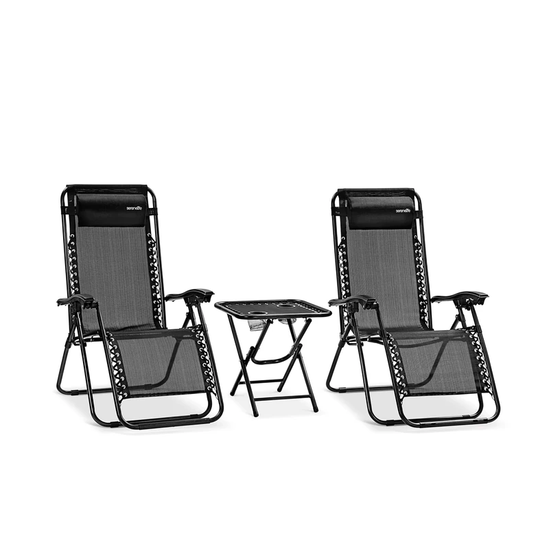 SereneLife Zero Gravity Lounge Chair, Adjustable Steel Mesh Recliners, with Removable Pillows and Cup Holder Trays, Side Tables, Set of 2, Black