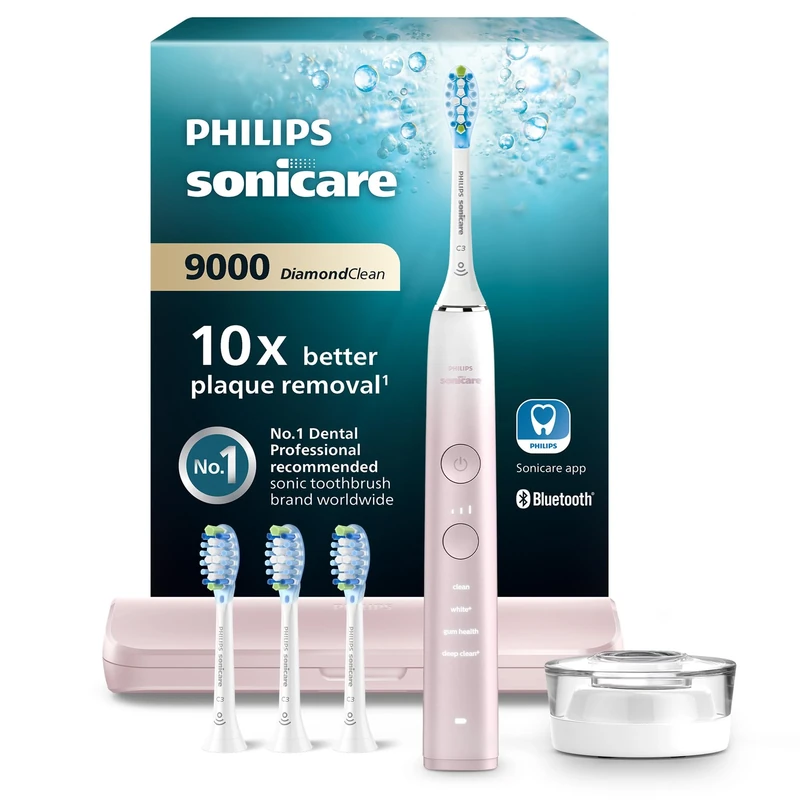 Philips Sonicare DiamondClean 9000 Series Electric Toothbrush - Sonic Toothbrush, Cleaner Teeth and Oral Care with 4X C3 Premium Plaque Defense Brush Heads, Pink (Model HX9911/79)
