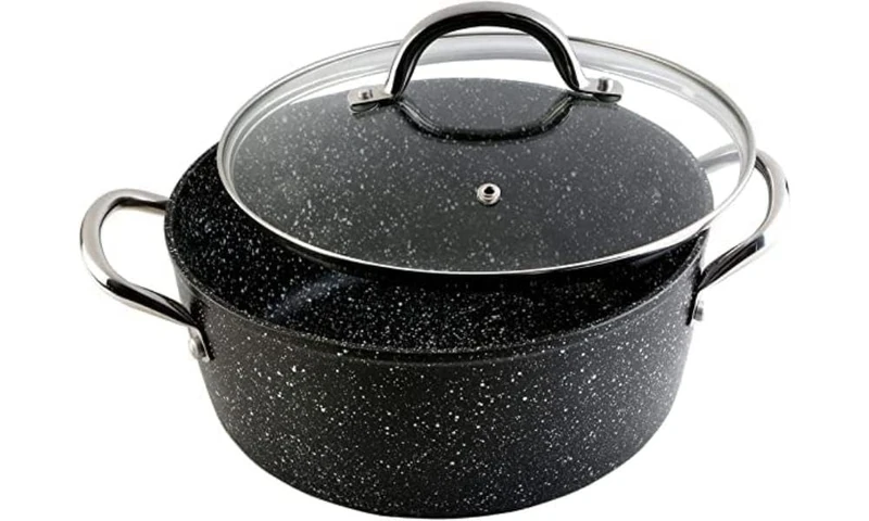 WECOOK! Granite Casserole Dish High Induction Complete 24 cm Glass Lid, Forged Aluminium 4.2 Litres, Eco-Friendly Non-Stick PFOA Free Stone, Steel Handles, Suitable for All Cookers, Ceramic, Gas, Oven